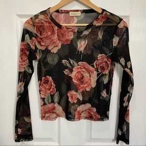 Ginger G Floral Mesh Sheer Long Sleeve Top